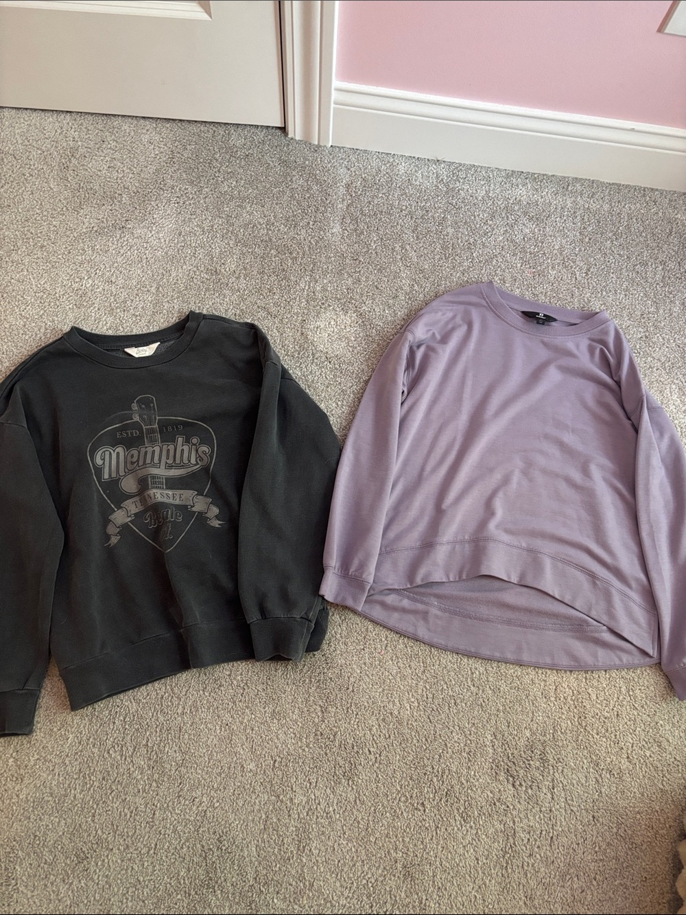 Multiples Black Graphic Sweatshirt and Lavender Pullover Set